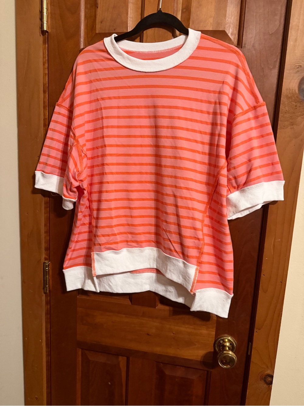 Women’s Striped Short-Sleeve Top in Coral Pink, and Tangerine with White Trim